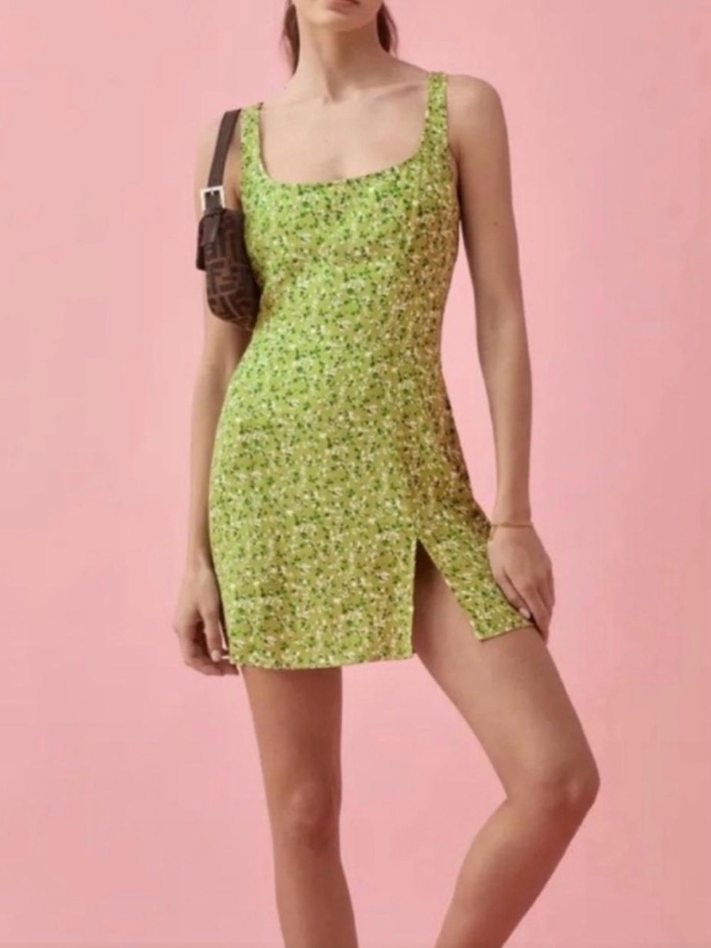 Reformation Green Floral Scoop Neck Mini Dress